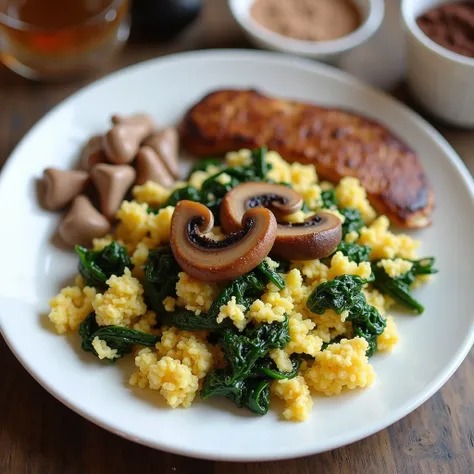  image of Tofu Scramble with Spinach and Mushrooms accompanied by tempeh and grilled or baked chicken breast,  cut into small strips , Almond milk shake with cocoa powder  (sugar free)  and stevia and dessert Ketogenic Chocolate and Avocado Mousse 