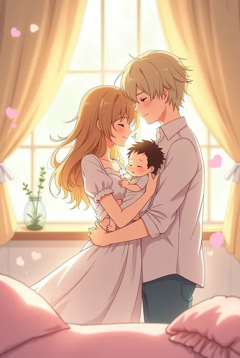 Draw an anime image of Mahiru Shinna Dengan funimiya amane hugging her baby Dari anime otonari no tenshi