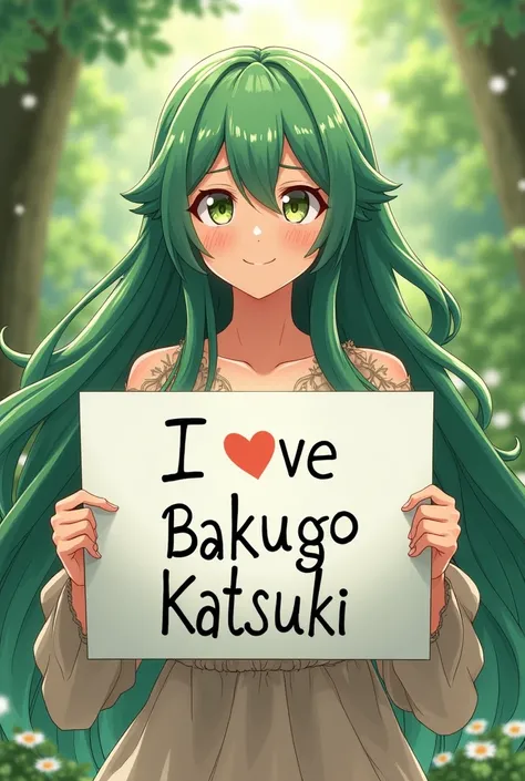  Beautiful girl with long wavy green hair, bohemian dress,  holding a white board with text "I love Bakugo Katsuki  " and showing her to the spectator and Bakugo Katsuki from Boku No Hero hugging her