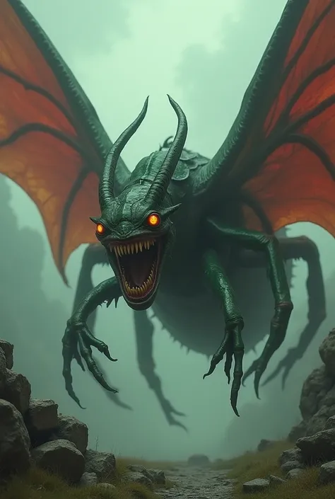 Create Magic the Gathering style: a giant half-extraterrestrial creature half insect with a dark green body with large demonic red wings with a giant mouth with huge teeth with a dreadful eye flying in an inhospitable and foggy medieval place 