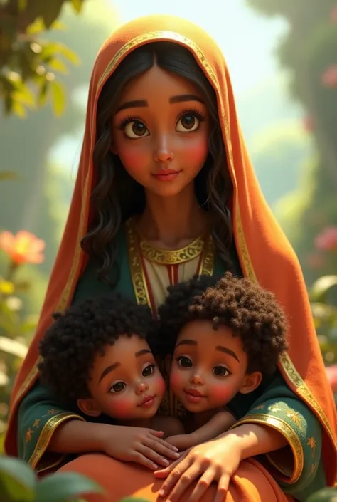 Create a Pixar-style image. Our Lady of Aparecida of Brazil, with two twins under their cloak .  The twins are black with curly hair and are .