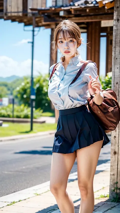 A beautiful, 24-year-old Japanese woman with perfect anatomy, healthy thighs, beautiful legs, beautiful skin, random hair color and style, large breasts, wearing a flight attendant uniform (1.3) with a mini-skirt (1.3), full body shot, pumps, carrying a su...