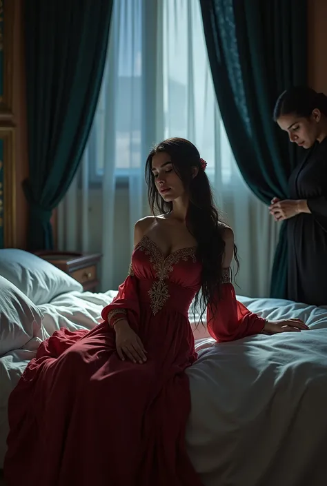 Une image réaliste caractérisée par des détails précis, dune belle fille marocaine, ses cheveux sont noirs et très longs, elle dort sur le dos et sur le lit , elle porte une robe marocaine , elle a la poitrine pleine, et ses charmes sont visibles. Sa serva...