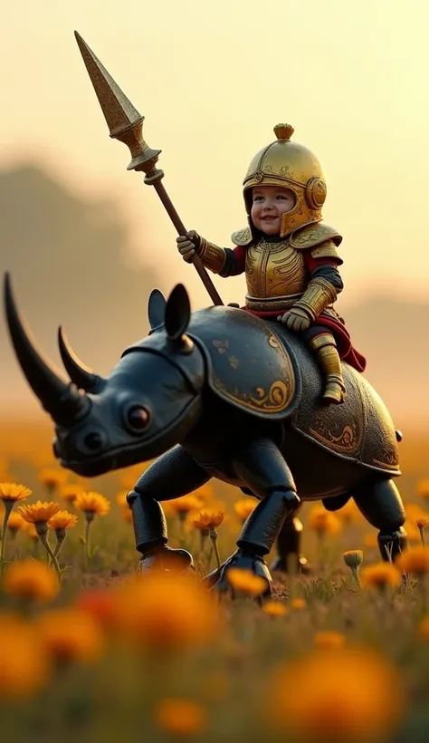 Create an ultra-realistic 8K image of a tiny warrior in gleaming golden armor, wielding an ornate spear, riding atop a shiny black rhinoceros beetle. The setting is a flowery field at dawn, with yellow and orange flowers. The beetle appears prepared for ba...