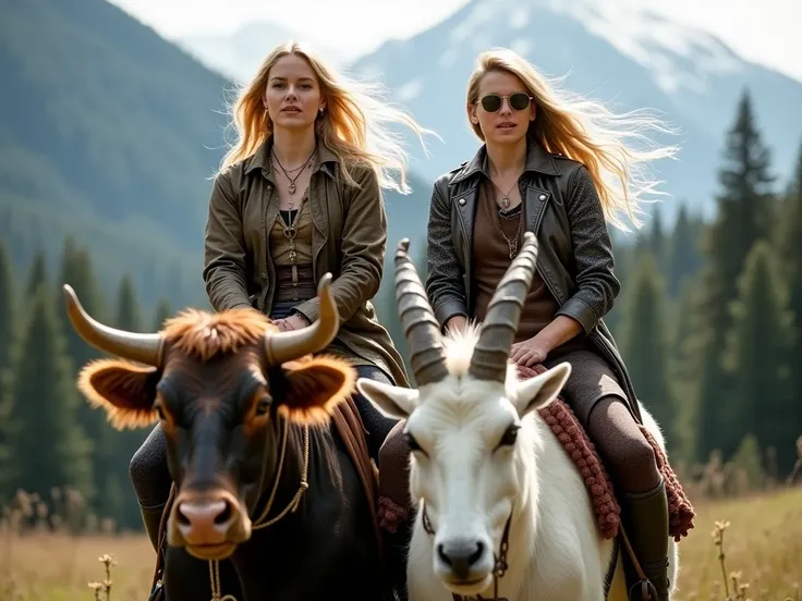 Create one image with two friends both in focus with a background of mountains and woods. one elder German woman with flowing blond hair in a hippie style clothes rides a cosmic bull as a warrior. Next to her, a younger American woman with flowing blond ha...