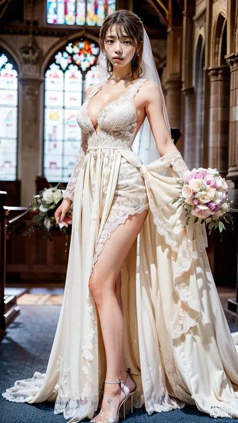 A beautiful young Japanese woman, 26 years old, with healthy thighs, beautiful legs, flawless skin, random hair color and style, large breasts, wearing a (wedding dress:1.3), full body shot, high heels, holding a bouquet in her hands, in a church setting, ...