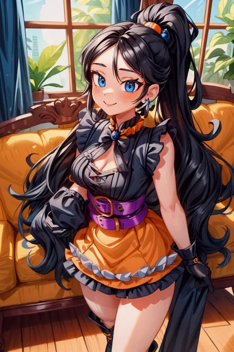 "Masterpiece, best quality, 1 girl, orange long hair, ponytail in hair, blue eyes, standing indoors with intricate details and sunlight. black and yellow frilled dress with short neckline, black gloves, black butterfly belt, earrings, black boots. Sweet sm...