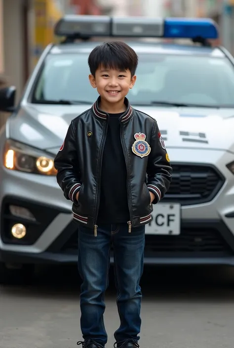 Korean boy ten year old , standing in front of police car. He wears lether jacket with mark of police, black shirt, jeans and black shoes. Smiling look to camera