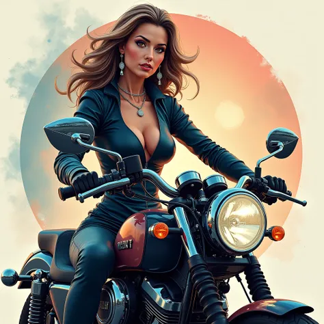 Create an image with the theme of social media marketing, a logo using creative writing with a sleepwalker, a middle-aged and sexy motorcycle female rider, abstract, watercolour, digital, pastel, drybrush, caricature