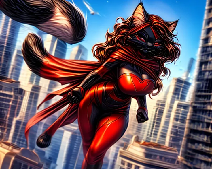 photorealistic, dynamic, black cat female superhero, (very long:1.5) wavy black hair with auburn highlights billowing behind her, tight red all in one costume, red eye mask, flowing green cape, cleavage, flying over city with many tall buildings