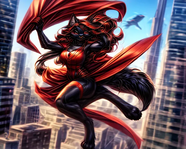 photorealistic, dynamic, black cat female superhero, (very long:1.5) wavy black hair with auburn highlights billowing behind her, tight red all in one costume, red eye mask, flowing green cape, cleavage, flying over city with many tall buildings