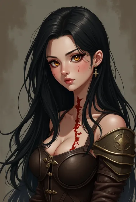 Create a 1,77m tall young woman with long black hair, reaching her waist, amber eyes, she wears leather armor and looks tired. She have a scar on the side of chest that extends to the edge of her ear lobe, passing by her neck and by the side of her mouth.
...