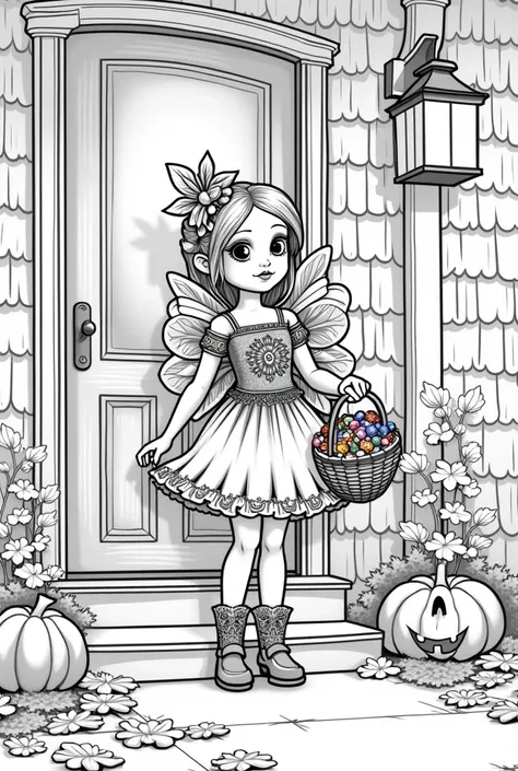 black and white coloring page for s Halloween theme,girl in fairy costume with candy basket knocking on the door of the house with cat background and leaves on the ground