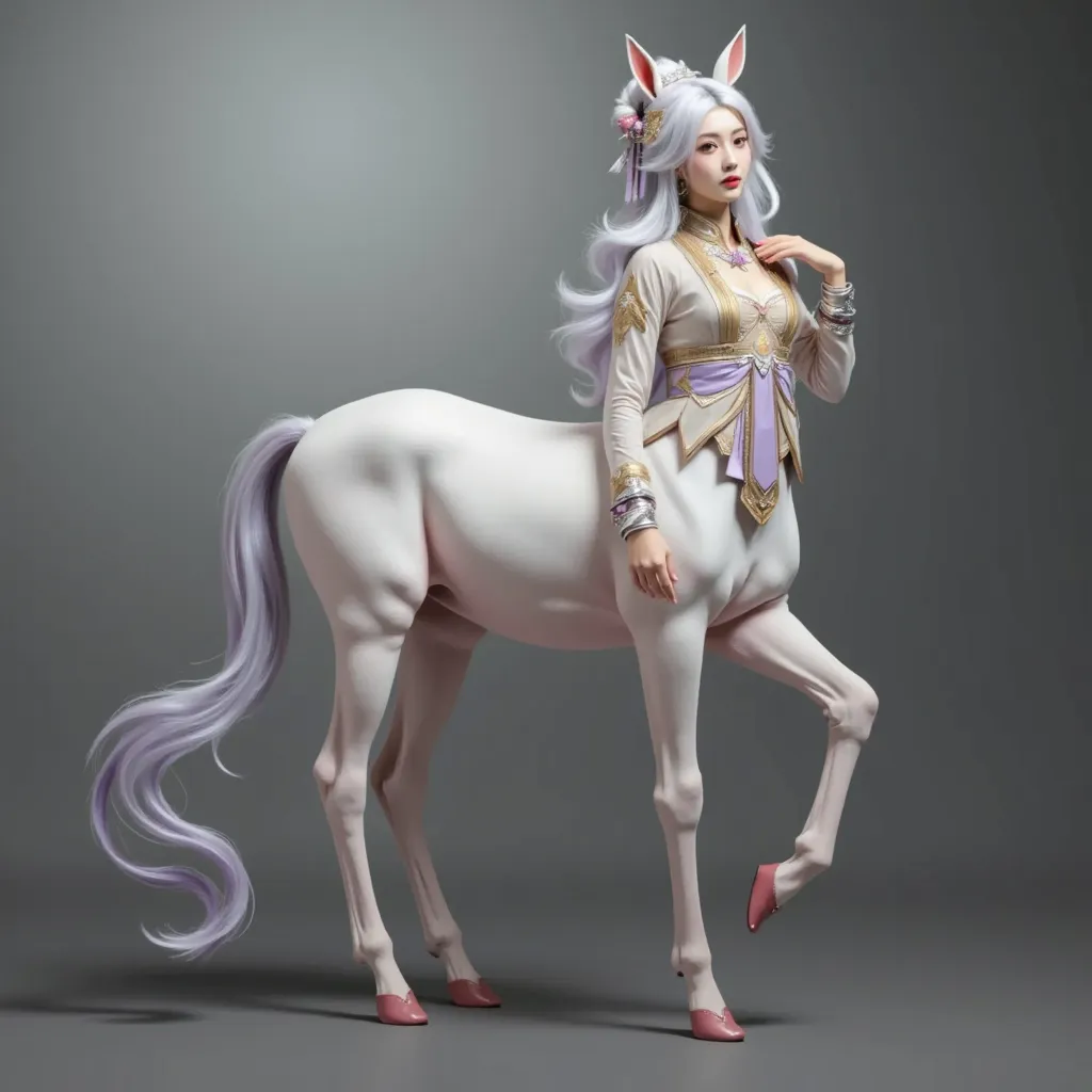 1centaur girl， produces an ultra-high definition full-body image of a chinese female superhero,  wearing pink and purple clothes...