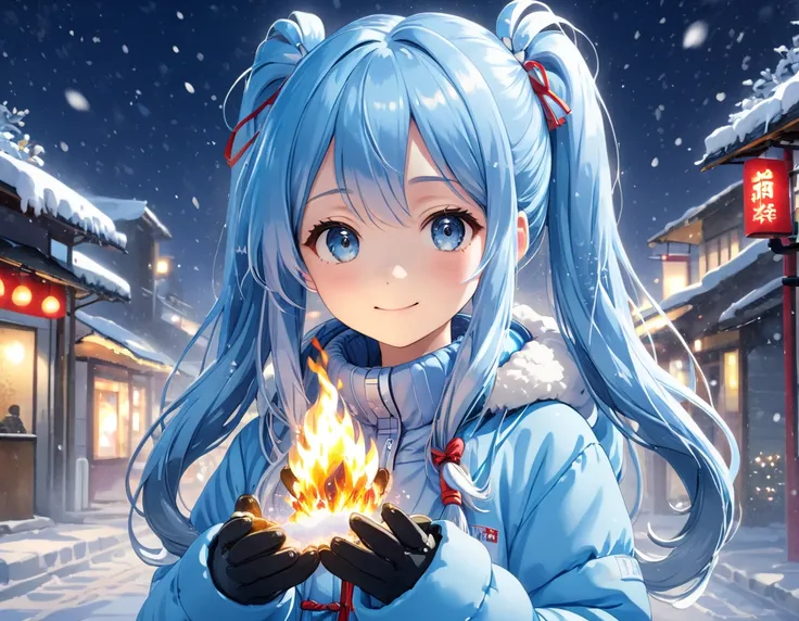 (( best quality)),( super A high resolution ),(Ultra-detailed),(Detailed depiction),(( best anime)),( Best Artwork ),Ultra-detailed art, the art of amazing depiction, The little match girl、 light blue long hair、 girl with twin tails 、smile、In the midst of ...