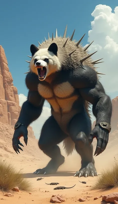   A monstrous and muscular hybrid of a Ferocious Wolf, a panda bear and a hedgehog,   realistic scene in a desert  