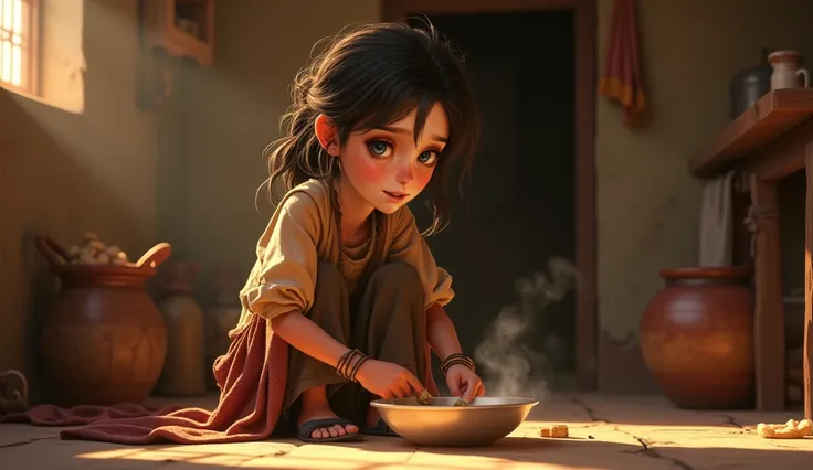 Rameen is a tired and poor girl 18 year old young girl Brown eyes color long hair brown color wearing torn old clothes skin color and black color long messy frock clothing and black old sleepers Disney animation pixers with a gentle soul and an unwavering ...