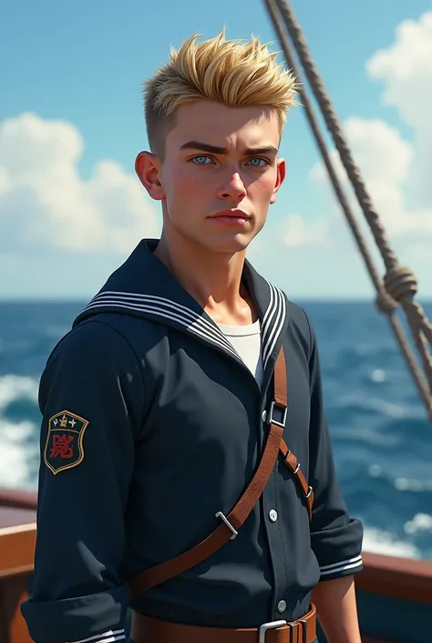 I want an image of a serious blond haired blue eyed 20-year-old sailor 
