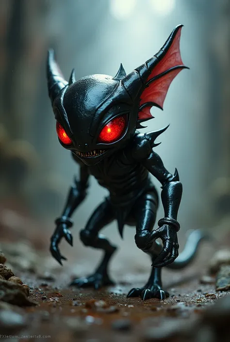 Create magic the gathering style: a small humanoid half demon half insect with shiny black metallic body with red eyes filled with hate with sharp paws in an inhospitable medieval place with fog 