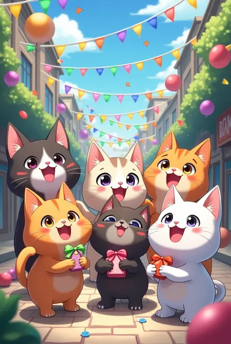 Generate an image with lots of anthropomorphic anime-style cats celebrating