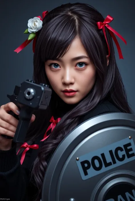 portrait, masterpiece, in limbus company style, asian, ((light blue eyes)), bright eyes, ((dark purple hair)), (very long hair), in police armor with a ballistic shield and a handgun aiming at the viewer, aristocratic face, ribbon flowers in hair, 