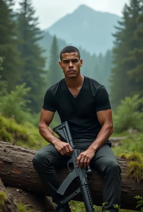 Ultra realistic photo Young Latino 20 years old, crewcut hairstyle  , wearing a black shirt fitted to the body ,  sitting on a fallen tree in the middle of a forest on a mountain ,  with a rifle on the fallen tree  