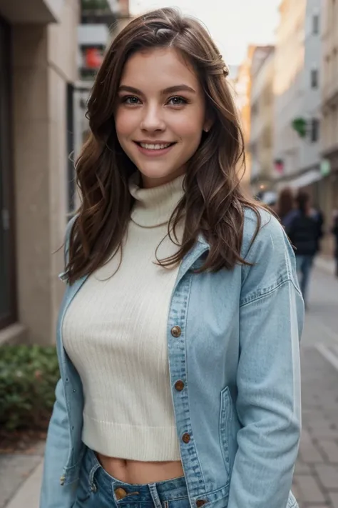 best quality, high resolution, ultra detailed, realistic, attractive female, upper body, vivid brown hair, semi-long wavy hair, green eyes, wearing a white turtleneck layered sweater, denim jacket, smiling, 