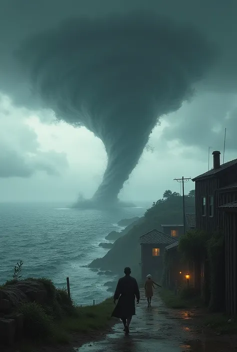 high quality, HD, 8k, entire coastal village scene, far out at sea a tornado with a giant gray waterspout is moving towards the village, dark clouds cover the entire gloomy scene , people with panicked faces ran away from the tornado