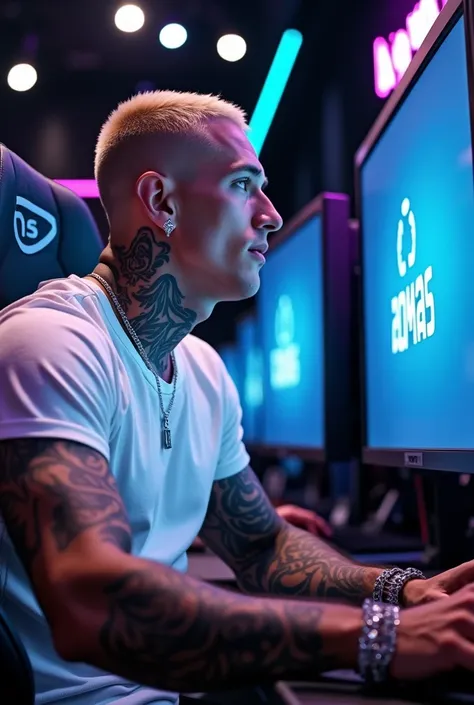 Ragazzo seduto davanti a una postazione da gaming con led muscoloso tatuato in forma maglietta bianca buzz cut biondo orecchini in diamante e gli schermi con la scritta "alomas" foto scattata dal lato  uomo muscoloso tatuato con gli schermi con la scritta ...