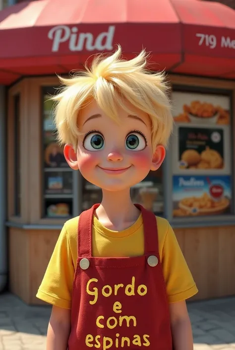 A blond boy in front of a snack factory written "" gordo e com espinhas