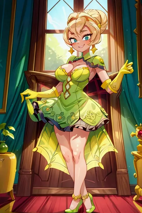 (masterpiece, best quality), 1girl, red and green frill dress, blonde hair, blue eyes, standing, indoor, intricate detail, sunlight,  green high heel shoes, yellow gloves, earrings, smile, sexy pose, coquette, gorgeous legs, mature woman body, lovely, gorg...