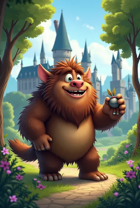 Create a new fantastic animal in a cartoon inspired by the Harry Potter movie, this new character will be Hagrids new mascot 