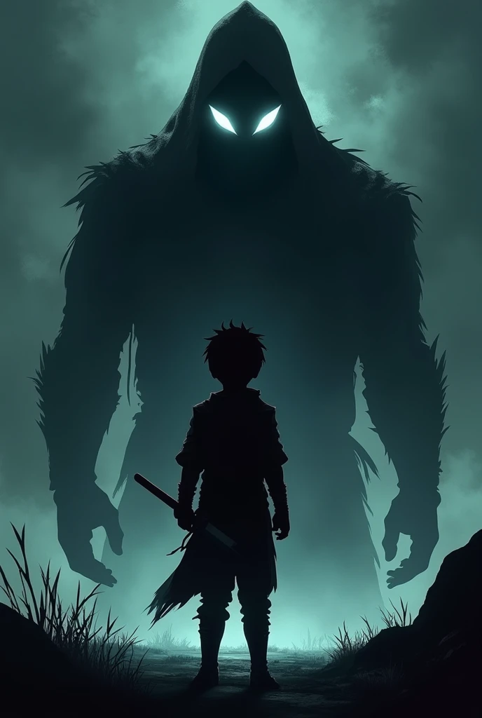 Silhouette of a boy dressed as a warrior and behind him a shadow with eyes exuding great power 