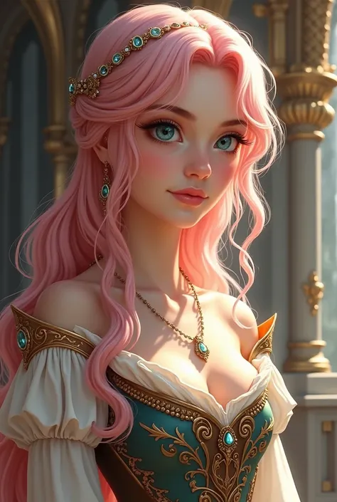 medieval princess with light pink hair with aquamarine eyes with a mole under her right eye