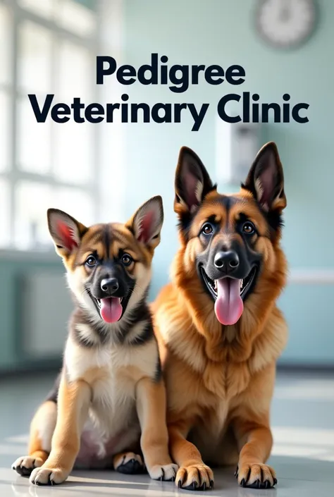 Generate an advertisement for a veterinarian that says “PEDIGREE VETERINARY CLINIC” with the image of an adult German shepherd dog and a puppy