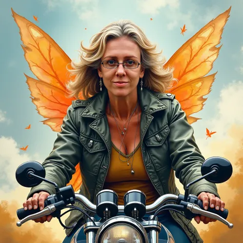 A stunning image with the theme of social media marketing, a logo using creative writing with a fairy, a middle-aged motorcycle female rider, abstract, watercolour, digital, pastel, drybrush, caricature