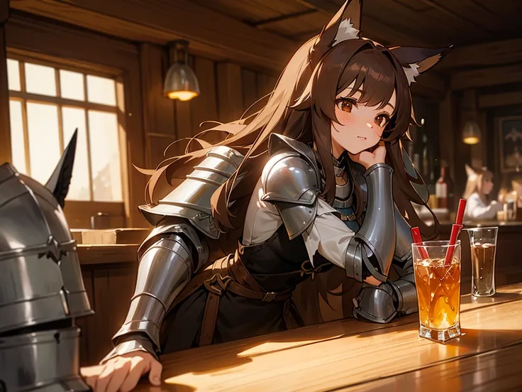 Foxgirl in a tavern with a broken drink glass, dark brown hair, brown eyes, fox ears, silver knight armor, pet fox