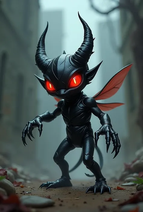 Create magic the gathering style: a small humanoid half demon half insect with shiny black metallic body with red eyes filled with hate with sharp paws in an inhospitable medieval place with fog 