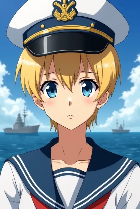 I want an image of a serious blond haired blue eyed 20-year-old anime-style sailor with a mens hat


