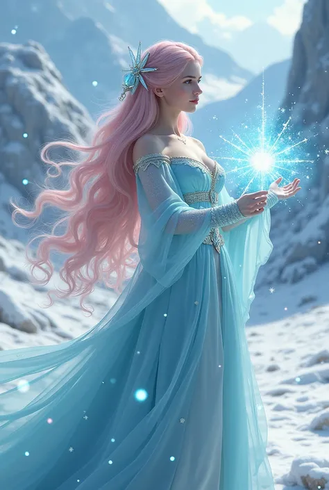 light pink-haired medieval princess with aquamarine eyes using ice magic