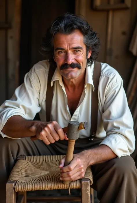 En 1838 un gitan andalou avec une moustache répar le rempaillage dune chaise avec de la massette. Le gitan porte une chemise blanche et des bretelles. Il regarde lobjectif et sourit