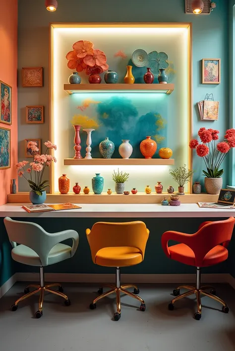 Create a room on the wall a shelf with enamels of various colors , with rotating chairs in the front a countertop with a large mirror with white lights around,with a decoration with flowers   