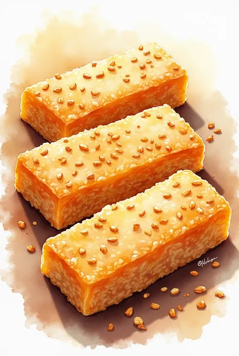 a water color picture for Vietnamese nutty ginger sticky rice bar "Che Lam" - a Vietnamese dessert made from sticky rice flour, sugar, and ginger. It has a chewy texture, is coated with roasted sesame seeds, and is cut into rectangular pieces with a golden...