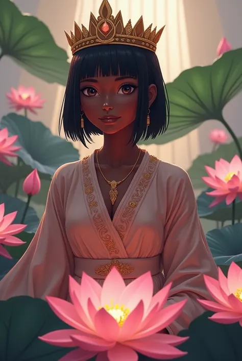 Animation of beautiful dark-skinned girl queen of the lotus flower short and straight hair