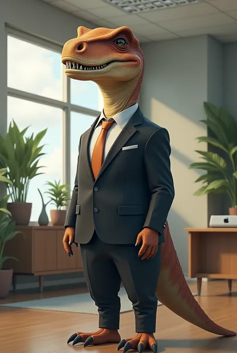 Make a dinasour image wear a blazer  looking front in office looking like a man and stand on office