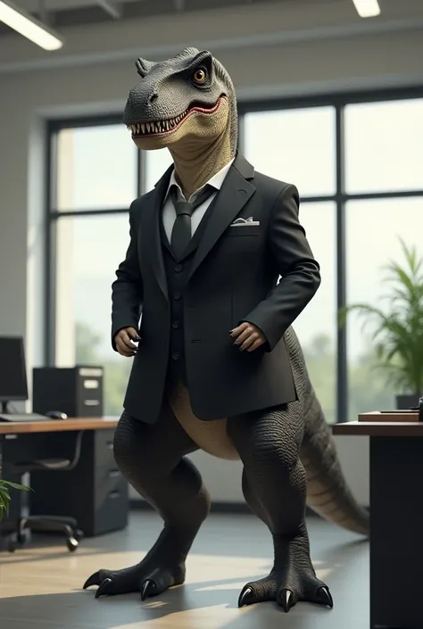 Make a dinasour wear black blazer looking like a man stand in office