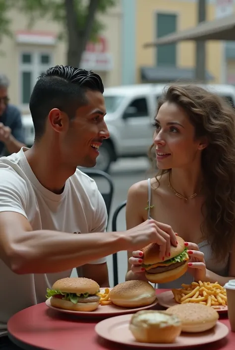 Ronaldo with a girl eating hamburgers 