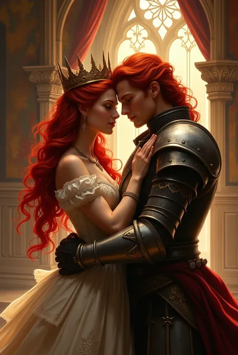 A red-haired woman with a crown on her head embracing the rider  