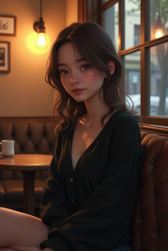 A girl with wavy light  brunette hair, brown eyes, light brown eyebrows, sitting on a chair, in a cafetaria with cozy black clothes  girl realisticus look 