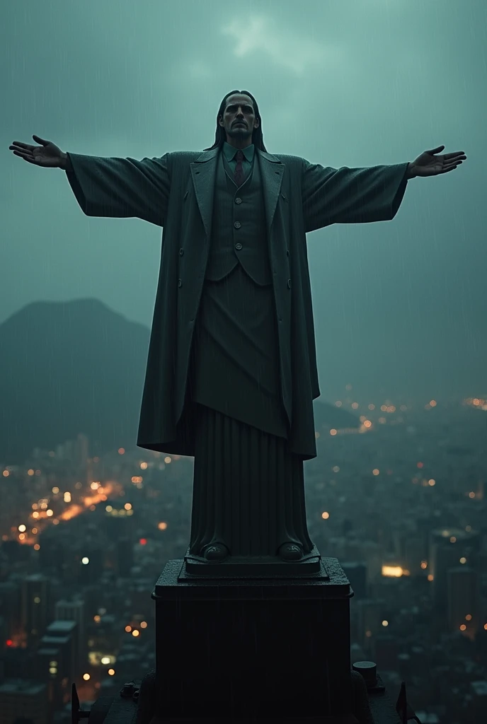 Thomas Shelby from Peaky Blinders atop the statue of Christ the Redeemer taking rain